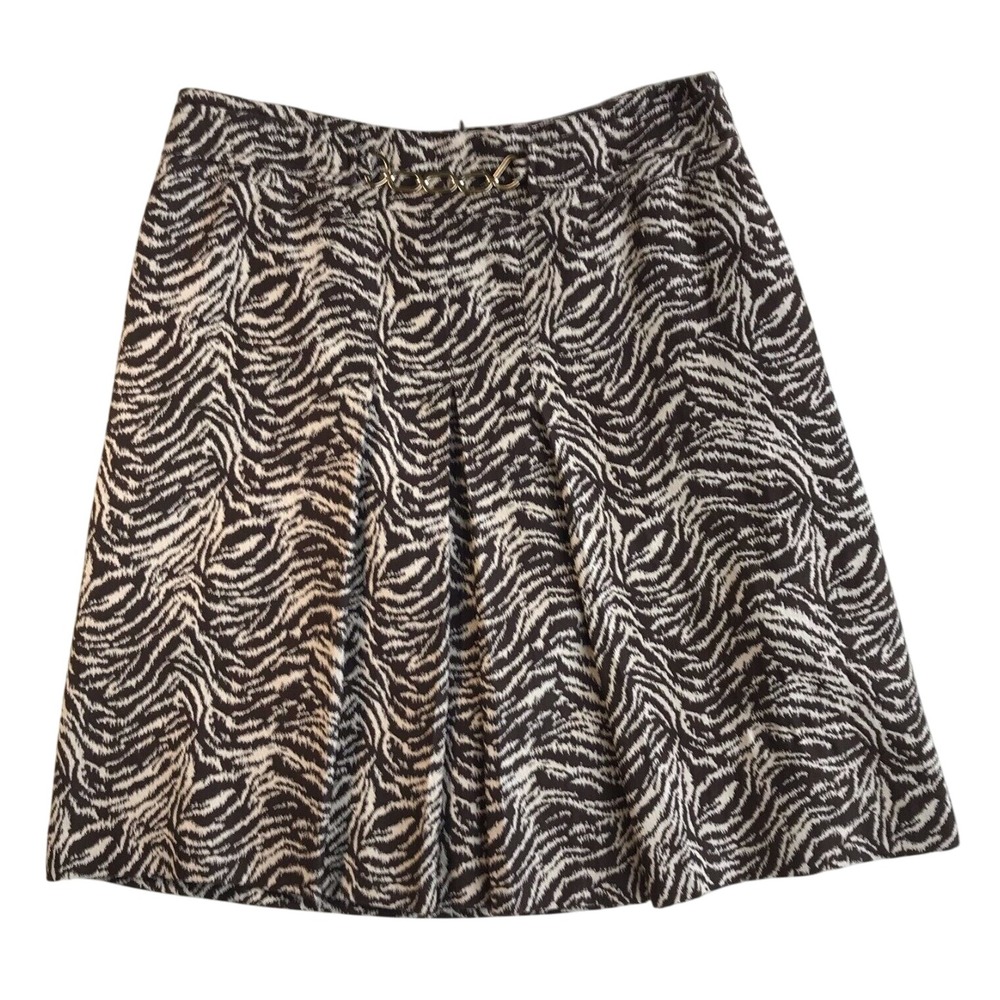 Ann Taylor Mob Wife Zebra Animal Print Brown Skirt A-Line Pleated Gold Chain 8